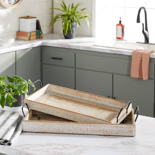 Brown Wood Boho Style Tray Set